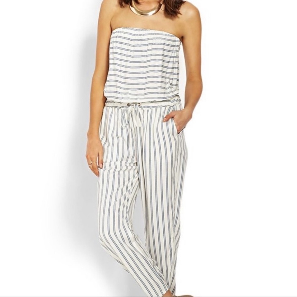 Life In Progress Strapless Jumpsuit White and Blue